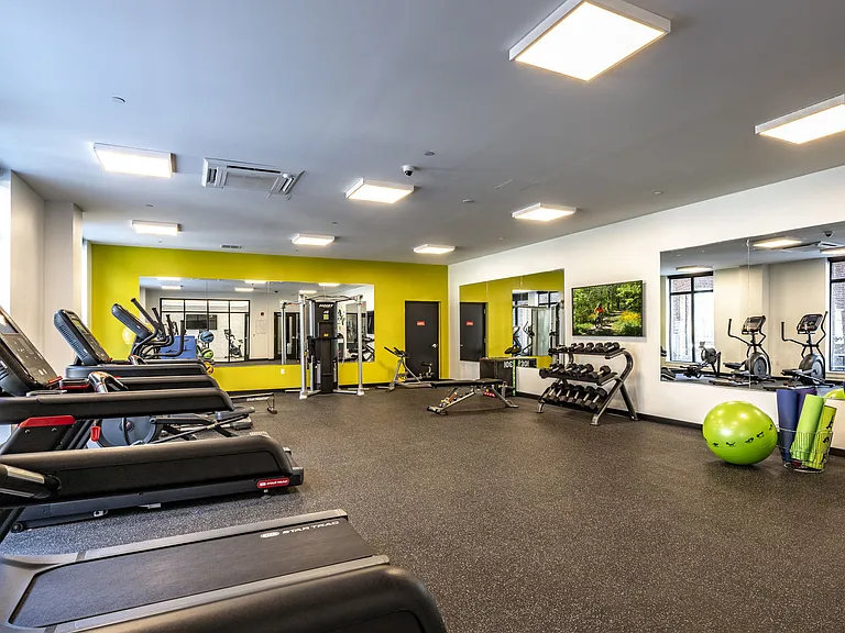 Fitness Center With Cardio Equipment, Free Weights And Mirrors