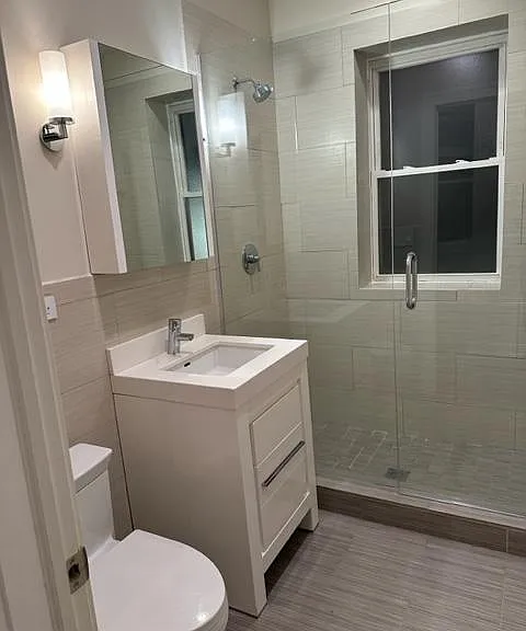 Toto Toilet. Medeli bath cabinet and mirror with Quartz top and drawer storage. Hangrohe shower fittings. Italian Porcelain flooring/shower walls.