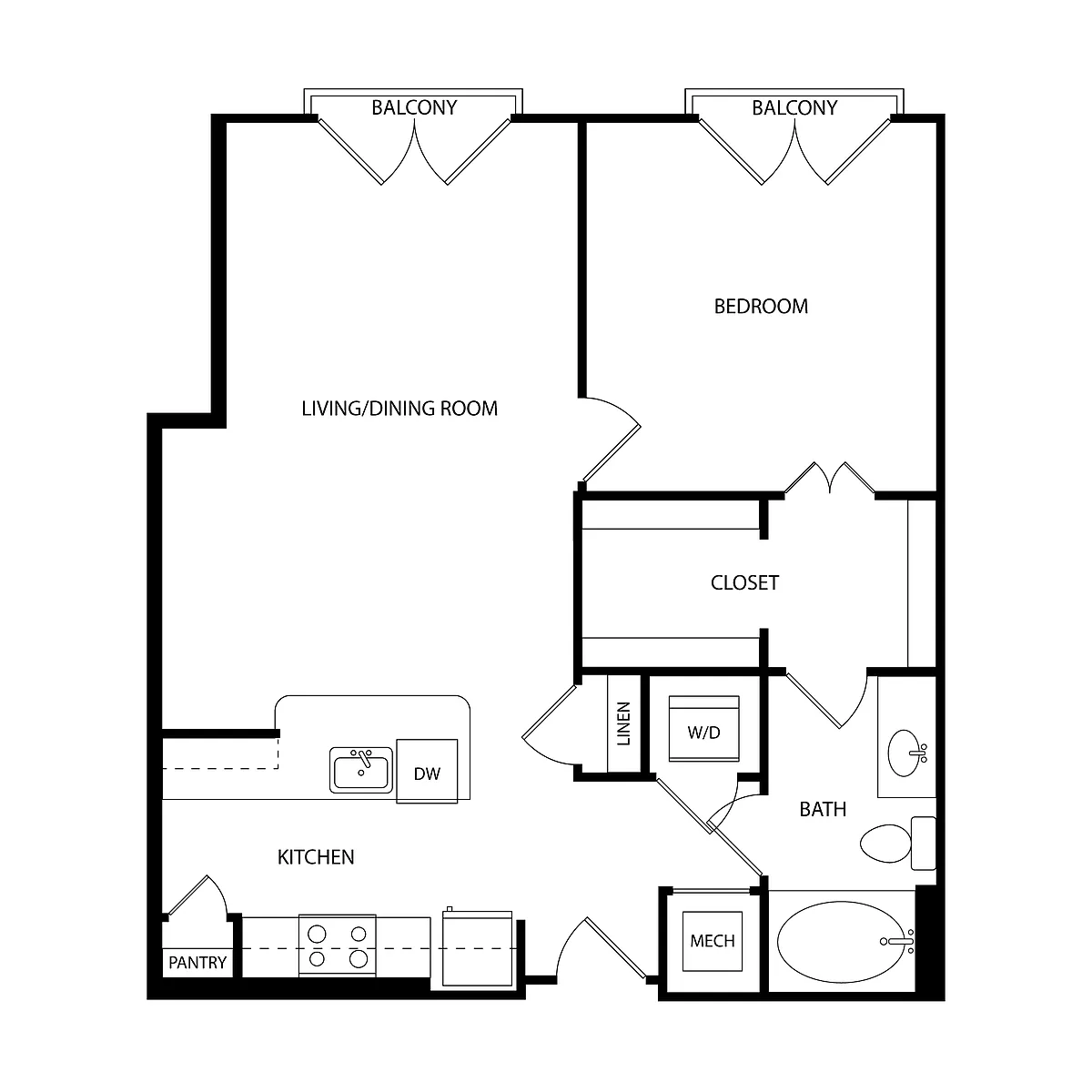 Floor plan 1 Bedroom, 2 Bath 780 SF KA9