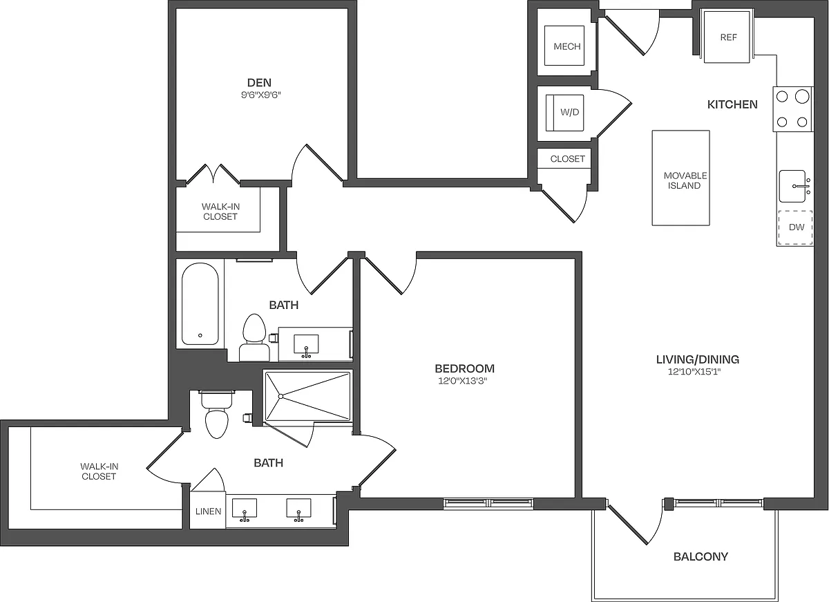 Floor plan 1 Bed/2 Bath Den-B11
