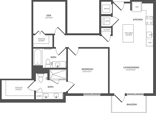 Floor plan 1 Bed/2 Bath Den-B11
