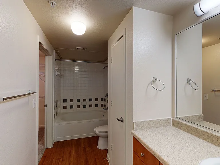 Apartment bathroom with wood-style flooring.