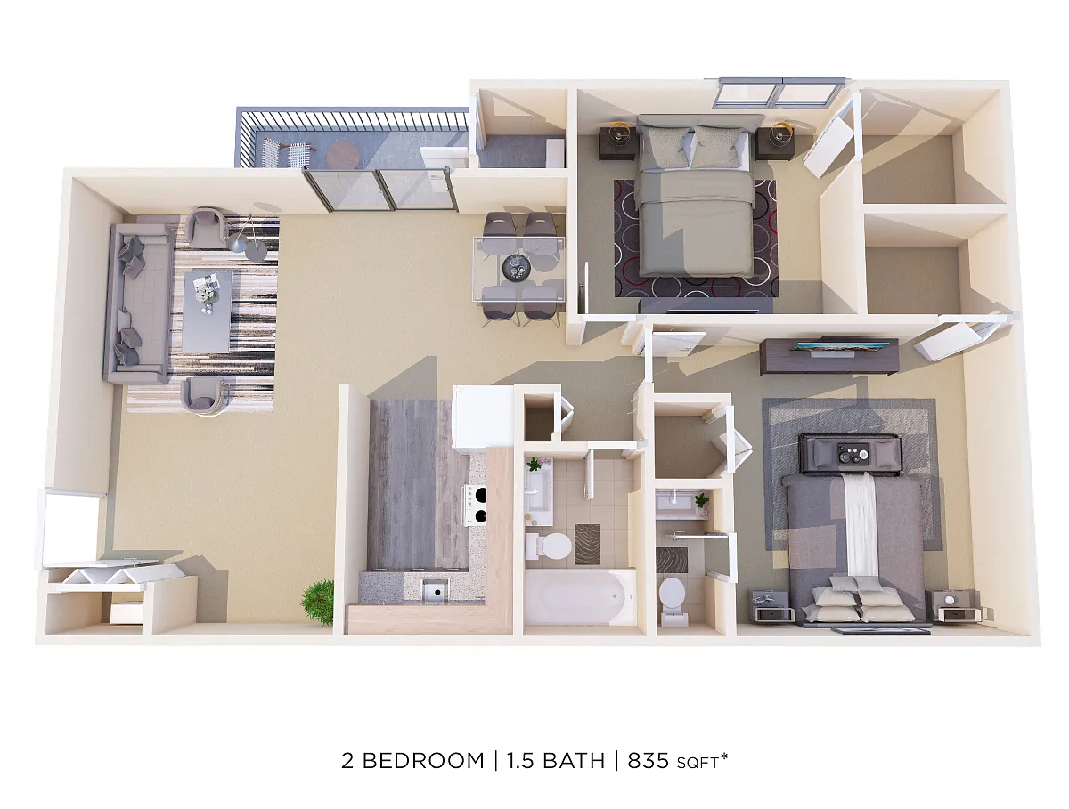 Floor plan Two Bedroom 1.5 Bath - 835 sqft