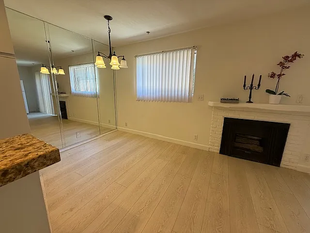 Dining area with faux fireplace