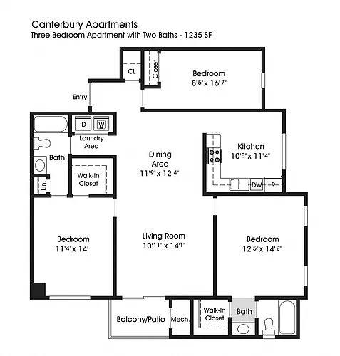 Floor plan 3BR 2BA (1235sf)