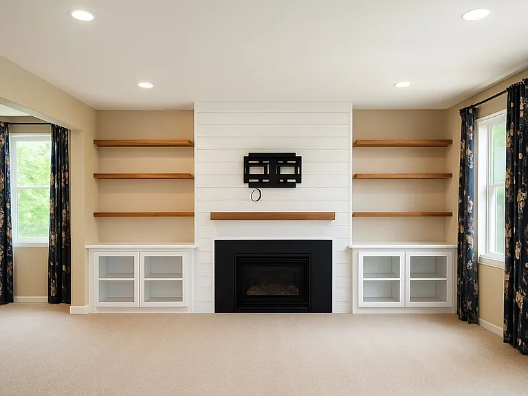 The fireplace in the family / living area is facelifted with an accent wall, comes with up to 90 inches TV mount, floating shelves, and two huge cabinets on either side.
