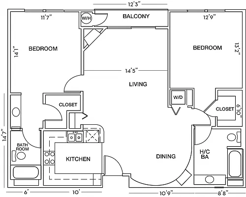 Floor plan 2 Bed 2 Bath Plan E