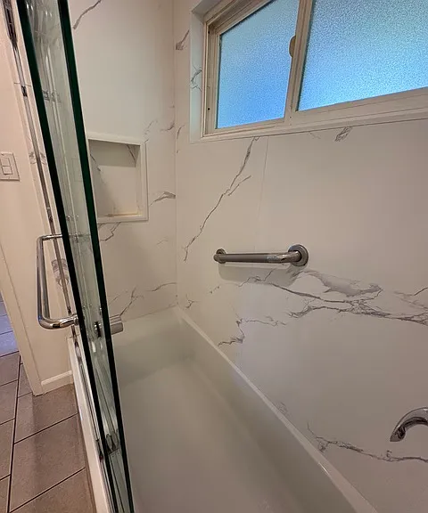 Shower over Tub combination, Niche insert , grab bar , Quartz Surround ,