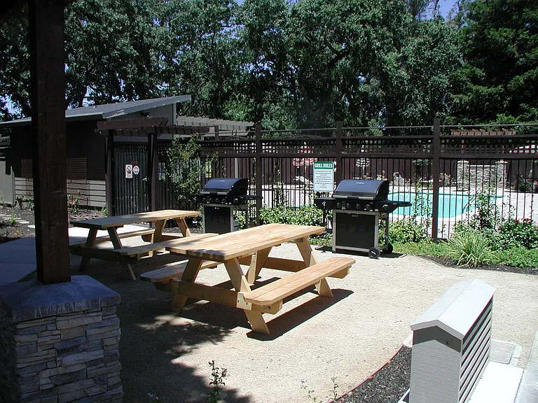 Small, locked entry, sun-heated seasonal pool with bathrooms, padded iron furnishings, adjacent to Propane BBQ's and picnic tables. BBQs are great for year 'round cooking and tables under the redwoods can be a great place to entertain before enjoying a sw