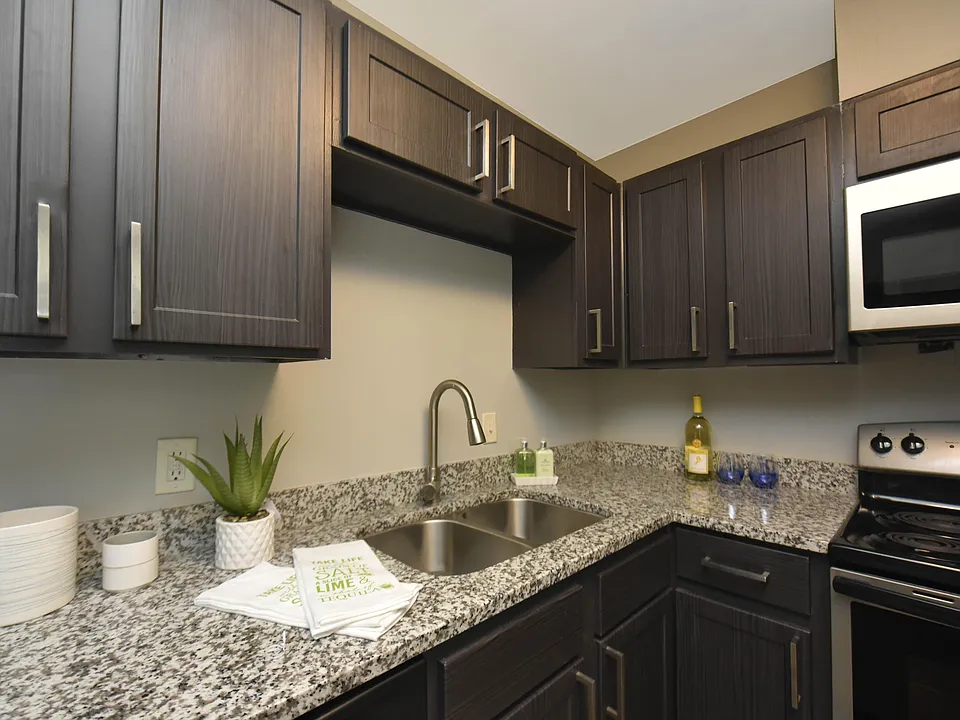 Kitchen with granite counters, stainless appliances, and modern cabinetry