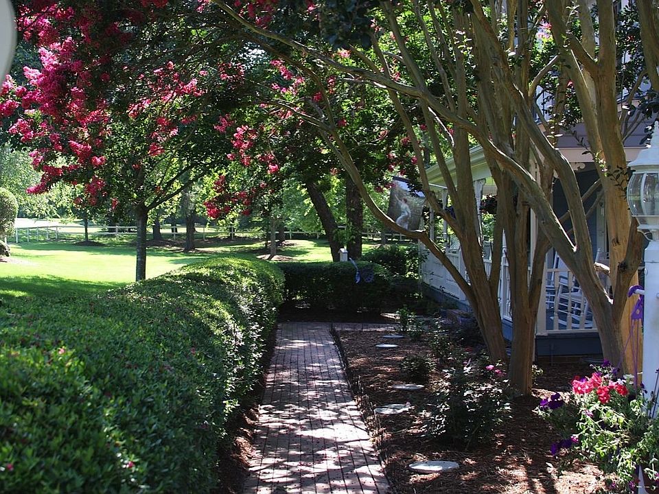 The welcoming front walk has crepe myrtle and roses.