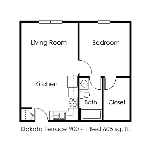 Floor plan 1 Bed 1 Bath | 605 sqft