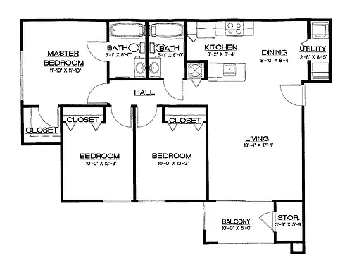 Floor plan 3B Three Bedroom 2 Bath 60%