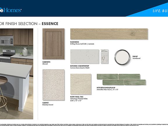Almond-colored cabinets, quartz countertops, and an aloe green backsplash