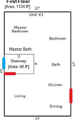 You'll have the first floor of the building. One private entrance from the outside (in Red), and another entrance into the living room via the shared security door (in Blue).