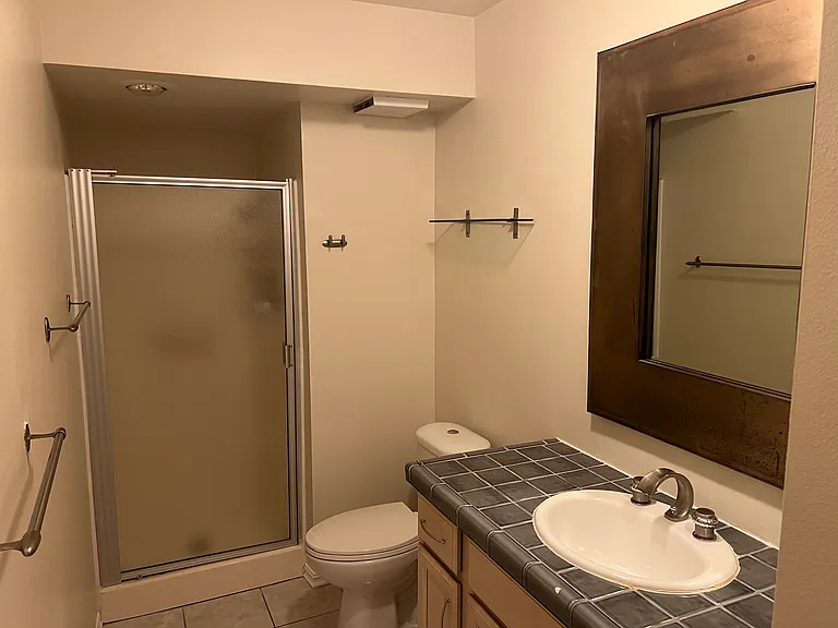 Large bathroom with sink, cabinets, toilet, and shower