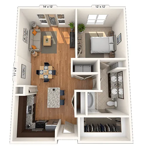 Floor plan Traditional 1x1 871-952 SF