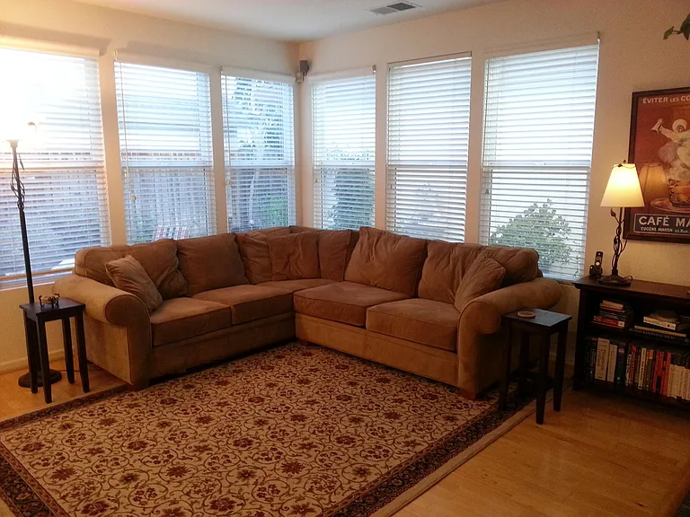 A cozy family room features a fireplace on the right (see next picture), a backyard door on the left, and windows offering private, clear views to the backyard. Just off-camera to the far left lies the kitchen and dining area.