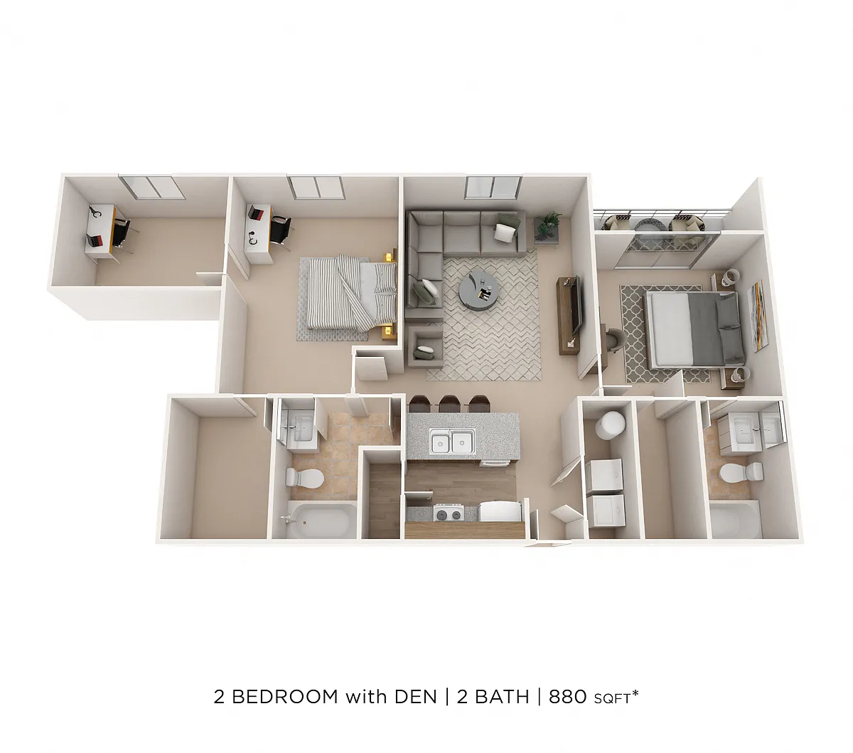 Floor plan Two Bedroom 2 Bath - Trinity - 880 sqft
