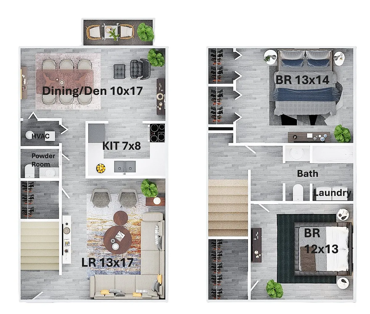 Floor plan Two Bedroom 1.5 Bath Townhouse