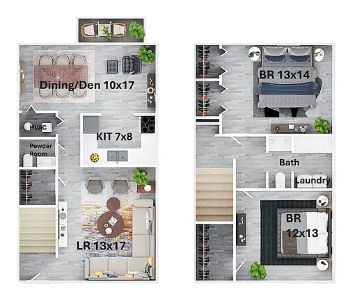 Floor plan Two Bedroom 1.5 Bath Townhouse