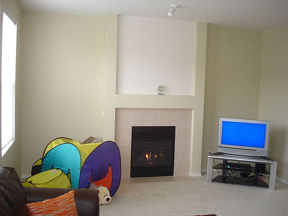 Bright living room, with a wall of windows, gas fireplace and 9' ceilings.