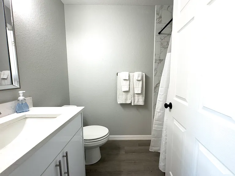 Spacious hall bathroom with a tub/shower combo and fresh, modern fixtures.