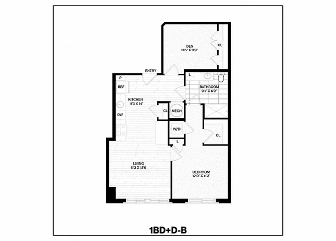 Floor plan 1 Bed/1 Bath Den-B