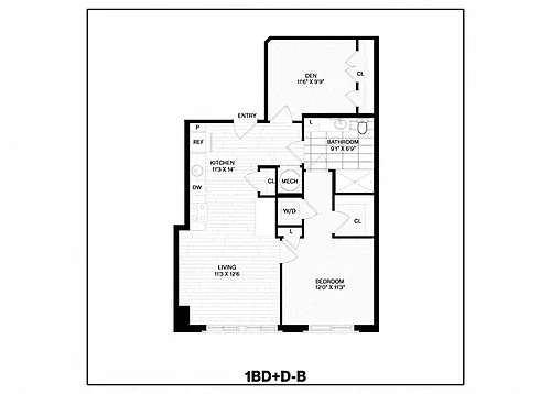 Floor plan 1 Bed/1 Bath Den-B