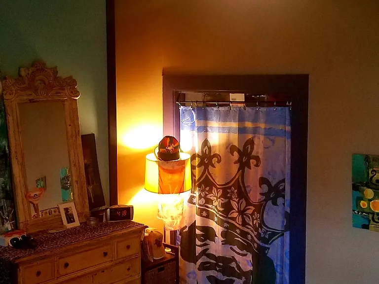 Another angle of bedroom with New Orleans famous Ernie K. Doe Art Curtain painted by local artist, Big Moni Luv.