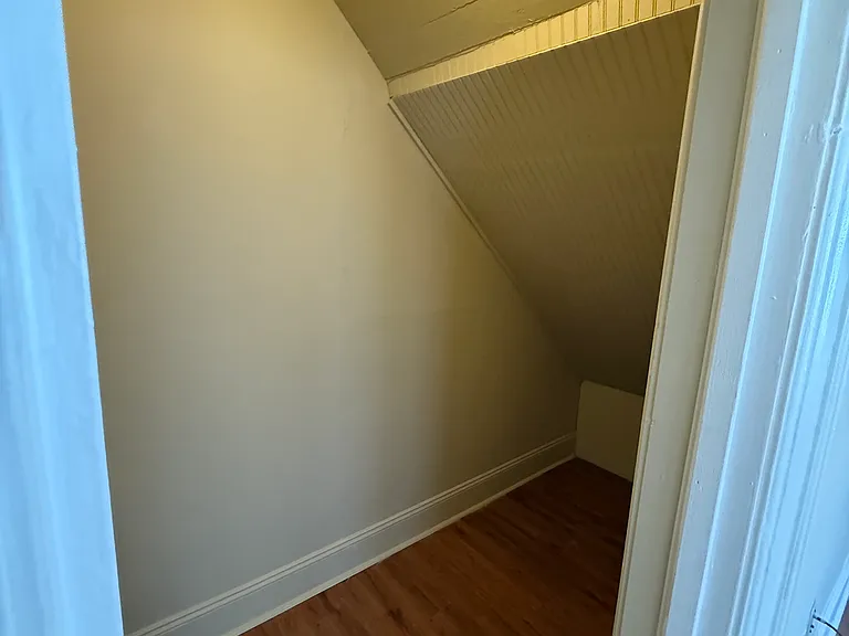 The closet/storage area in the living room has an angled ceiling, under the stairwell.