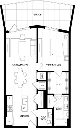 Floor plan 1 Bed/1.5 Bath-D2M