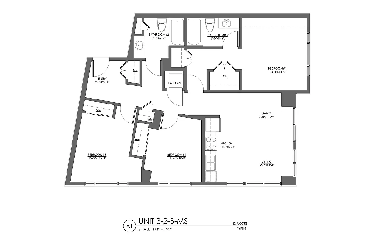 Floor plan 3 Bed 2 Bath - 1195 sqft