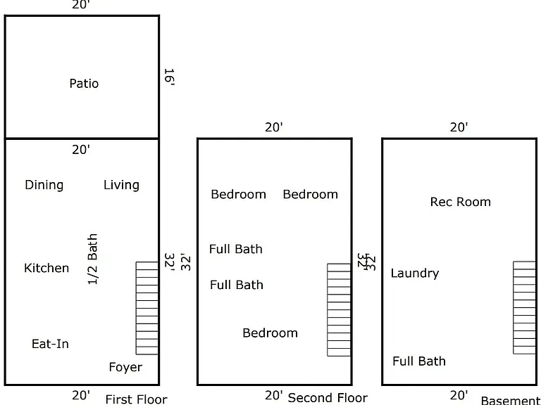 Floor Plan: Each floor 20' x 32' = 640 sq.ft. Three levels equal to 1920 sq.ft. Utility room space does not included in the living space.