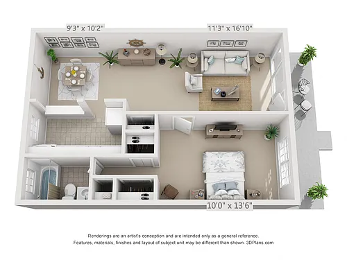 Floor plan 1 Bedroom, 1 Bath A (Patio/Balcony)