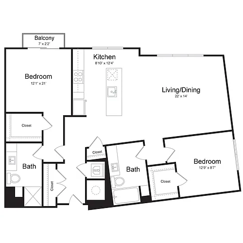 Floor plan Two Bedroom/Two Bath (2E-A) Balcony