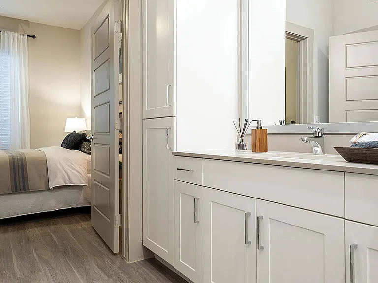 Connected Bathroom Featuring Double Vanity and Linen Cabinet