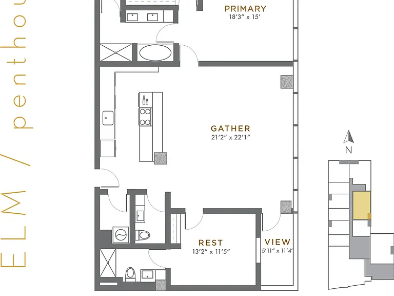 Elm Penthouse - 2 BD / 2.5 BA - 1,508 SF Elm Penthouse - 2 BD / 2.5 BA - 1,508 SF