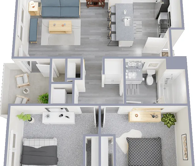 2 Bed 1 Bath Floorplan Diagram