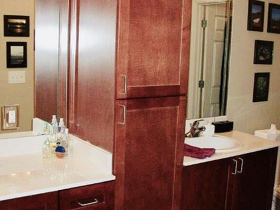 Dual vanity in bathroom.