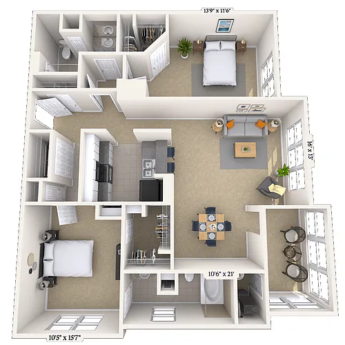 Floor plan Traditional 2x2 1202-1299 SF