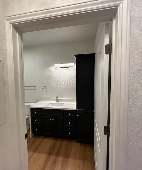 View from the hallway into the master bath. ALL NEW navy blue cabinets wwiuth waterfall edge countertop and plenty of storage. Hookups for washer and dryer are3 in this room too.