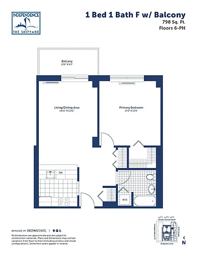 Floor plan 1 Bed 1 Bath F With Balcony