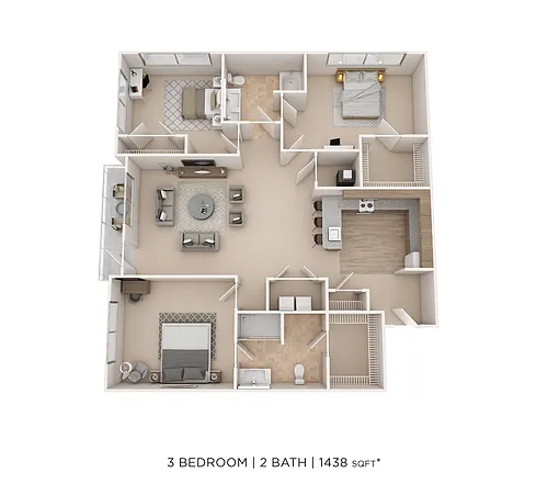 Floor plan Three Bed Two Bath - 1438 SqFt