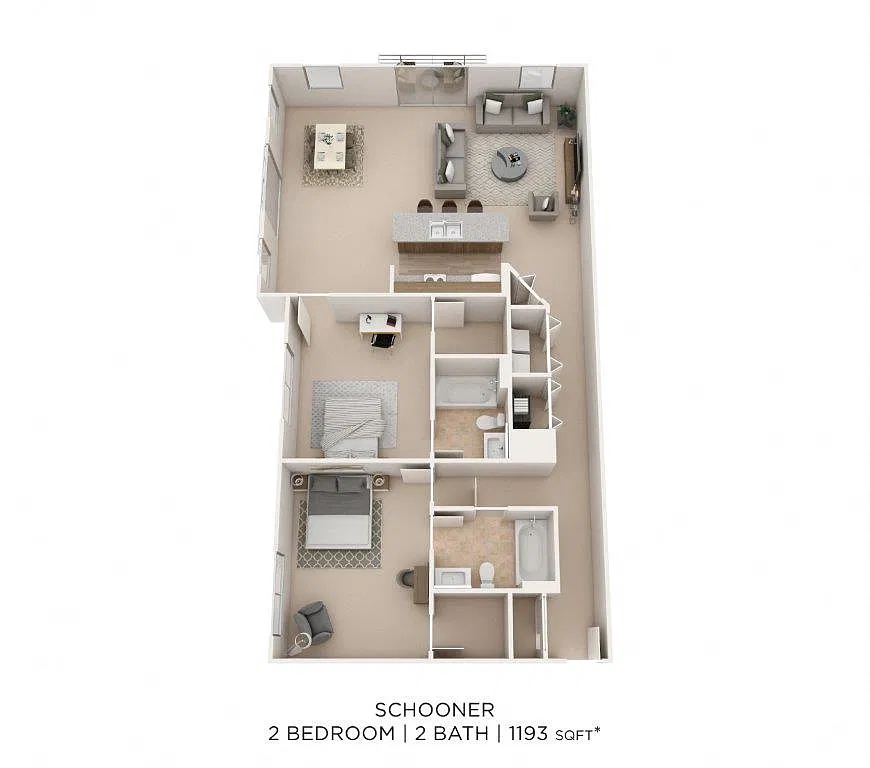 Floor plan Two Bedroom 2 Bath- 1193 sqft