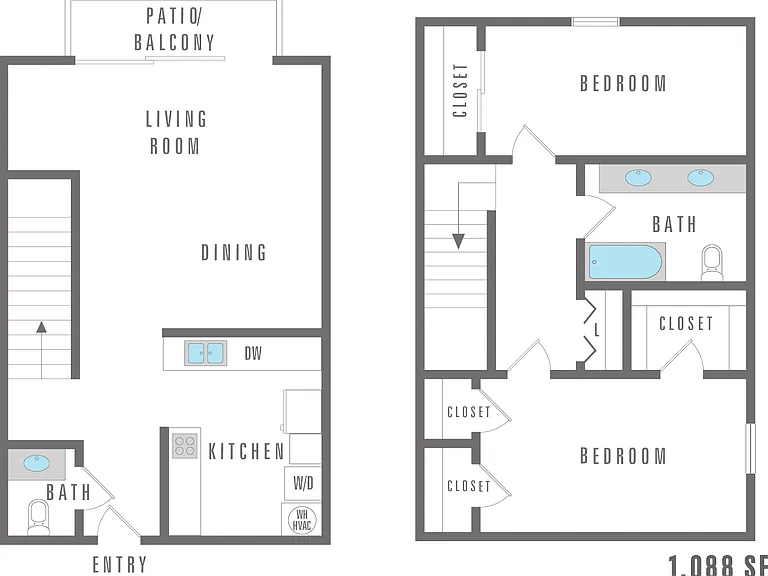 Two bedroom, one and half bathroom 1088 sq. ft. Two bedroom, one and half bathroom 1088 sq. ft.