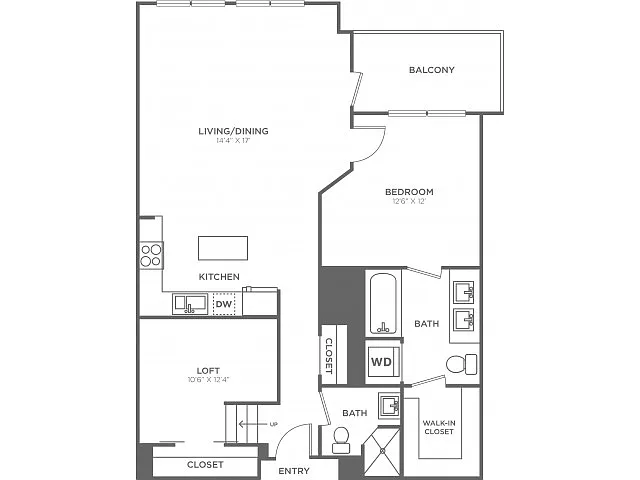 Floor plan One Bedroom Two Bath w/Loft (970 SF)