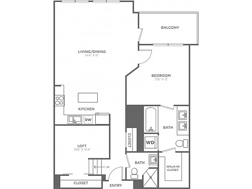Floor plan One Bedroom Two Bath w/Loft (970 SF)