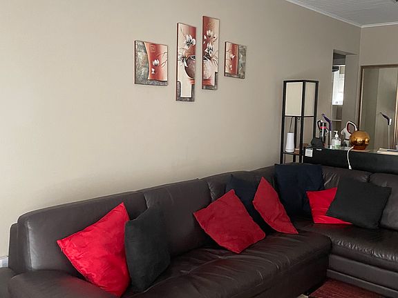 Genuine leather (l-shaped) sofa, buffet for storage, special lighting during electricty loss, wood fireplace