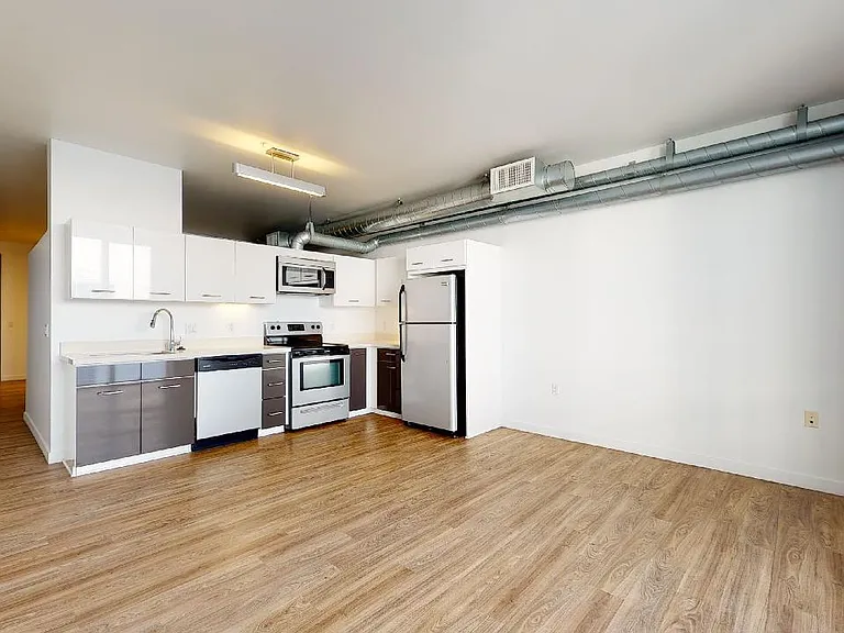 Apartment kitchen with stainless steel appliances, dining and living room with wood-style flooring.